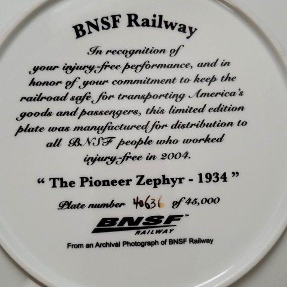 BNSF Railway 2004 The PIONEER ZEPHYR 1934 collector plate - Picture 6 of 6